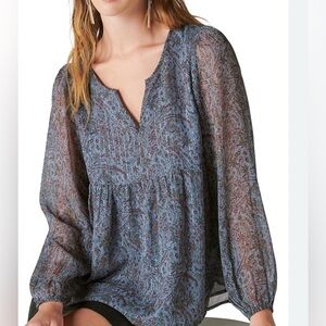 Lucky Brand Open Neck Paisley Long Sleeves Top Size L